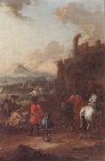 August Querfurt Cavalrymen before a hilltop town oil painting artist